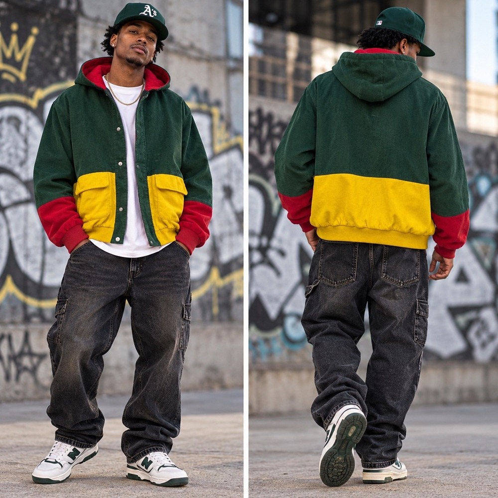 Zaful Vintage Corduroy Bomber Jacket Size XL Color Block Green Yellow Red